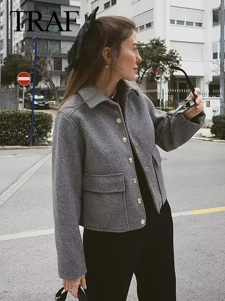 

TRAF Women Outerwear With Button Bomber Jacket Coat Women Thicken Coat Top women 2023 Women's Spring Gray Navy Jacket