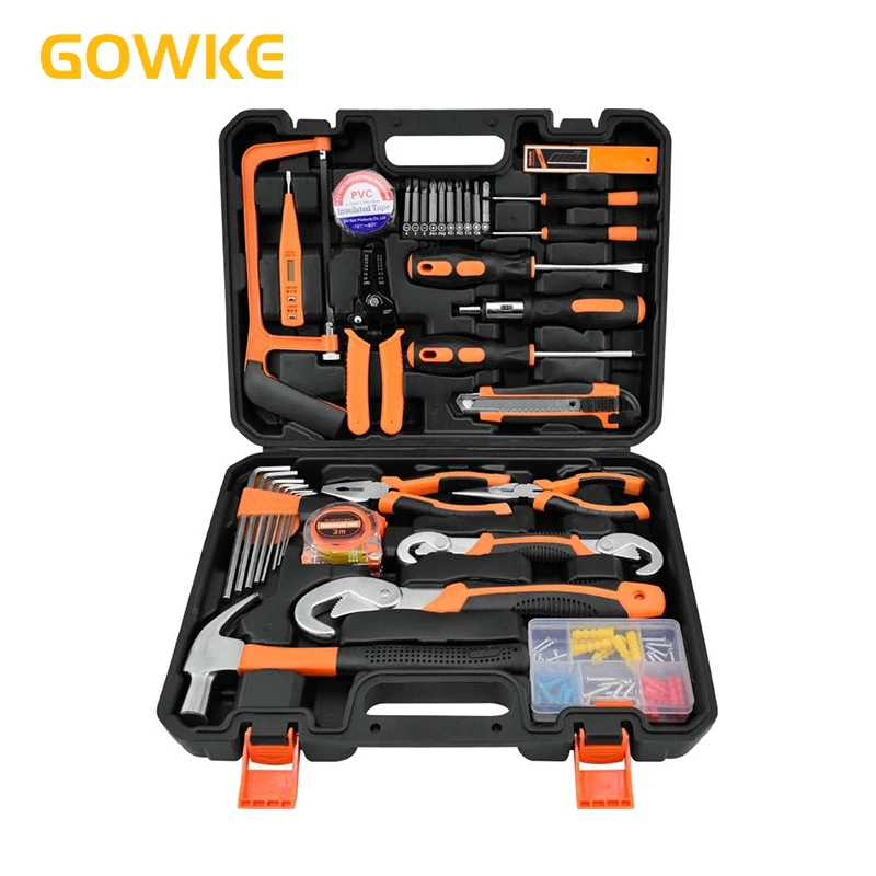 GOWKE Household Tool Set Multimeter Hammer Wrench Pliers Saw Ratchet Screwdriver Tape Measure Electric Tape 43PCS Tool Box
