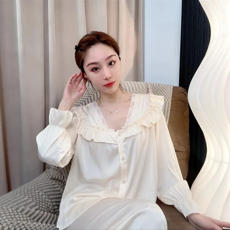

Pyjama Women 2022 New Summer Ice Silk Short Sleeve Solid Color Thin Suit Lace Princess Home Clothes Lady Sleepwear Nightwear
