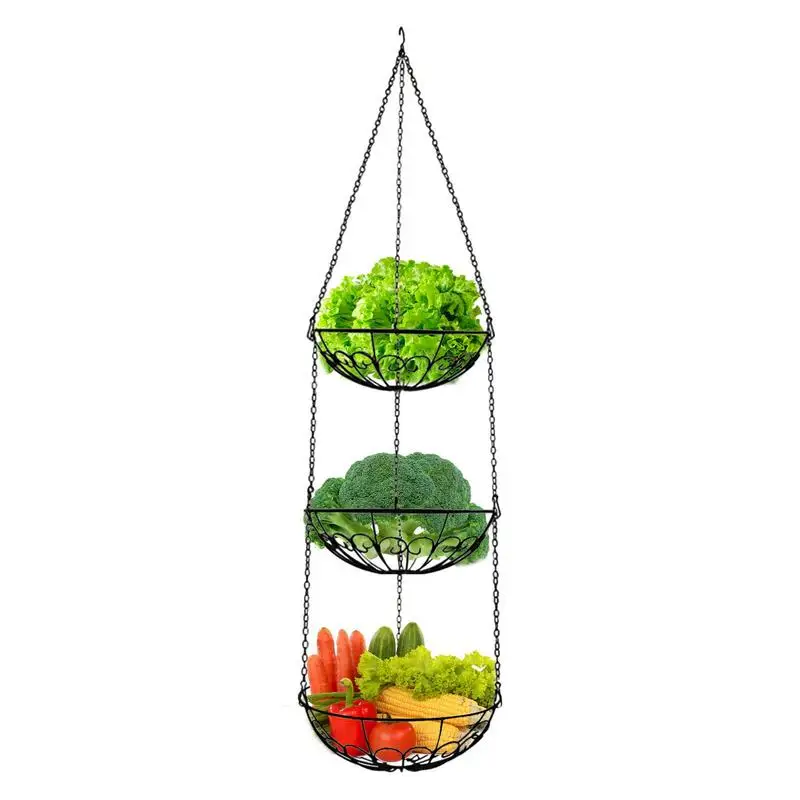 

3 Tier Hangings Basket Kitchen Hanging Vegetable Rack Wire Chain Hanging Basket Fruit Plant Organizer Kitchen Storage