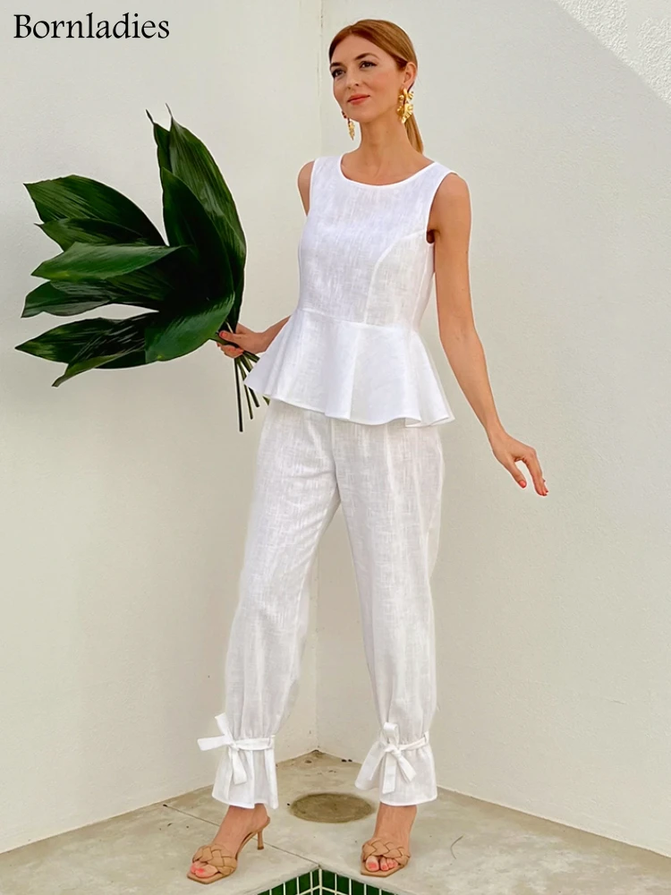 

Bornladies Elegant Women Cotton Linen Trousers Office Suits Summer Ruffled Tank Top and Puttee Straight Pants Two Piece Outfits