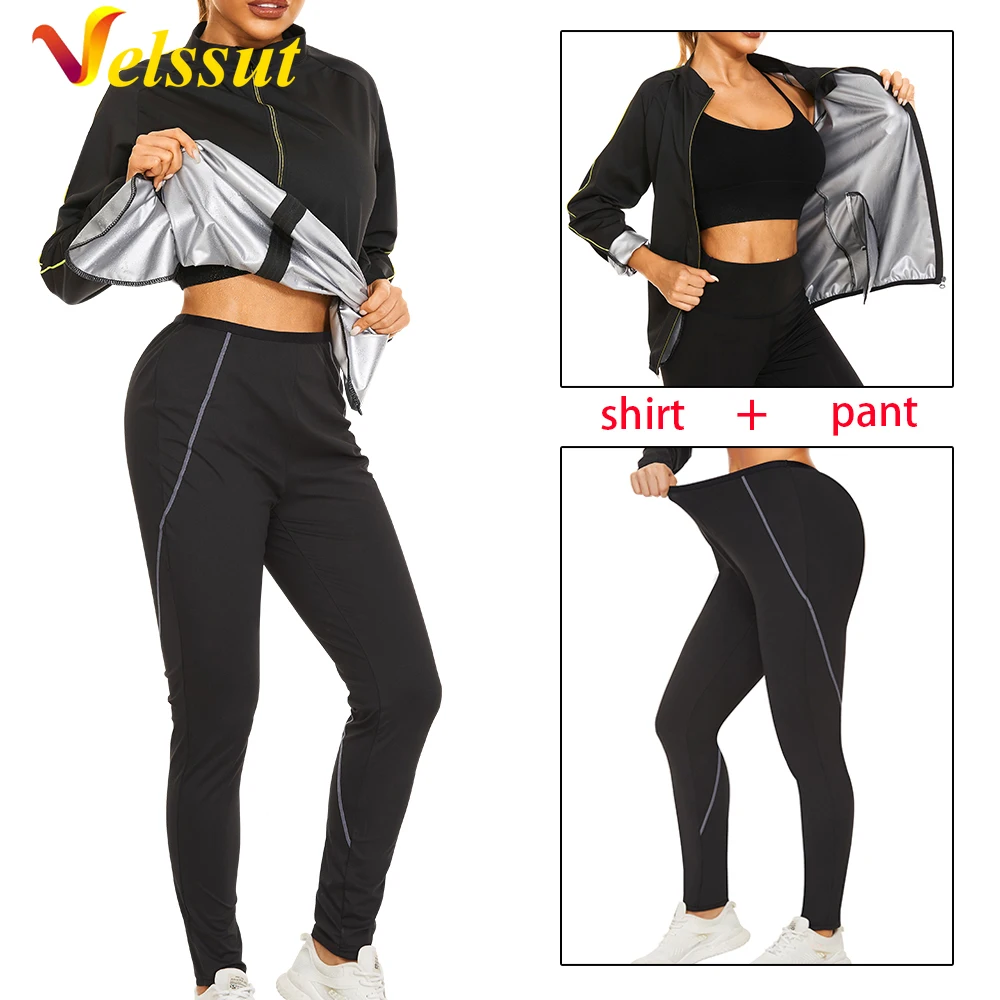 Velssut Women Sauna Suit Sweat Set Weight Loss Top Pants Slimming Jacket Trousers Workout Leggings Zipper Sport Gym Body Shaper