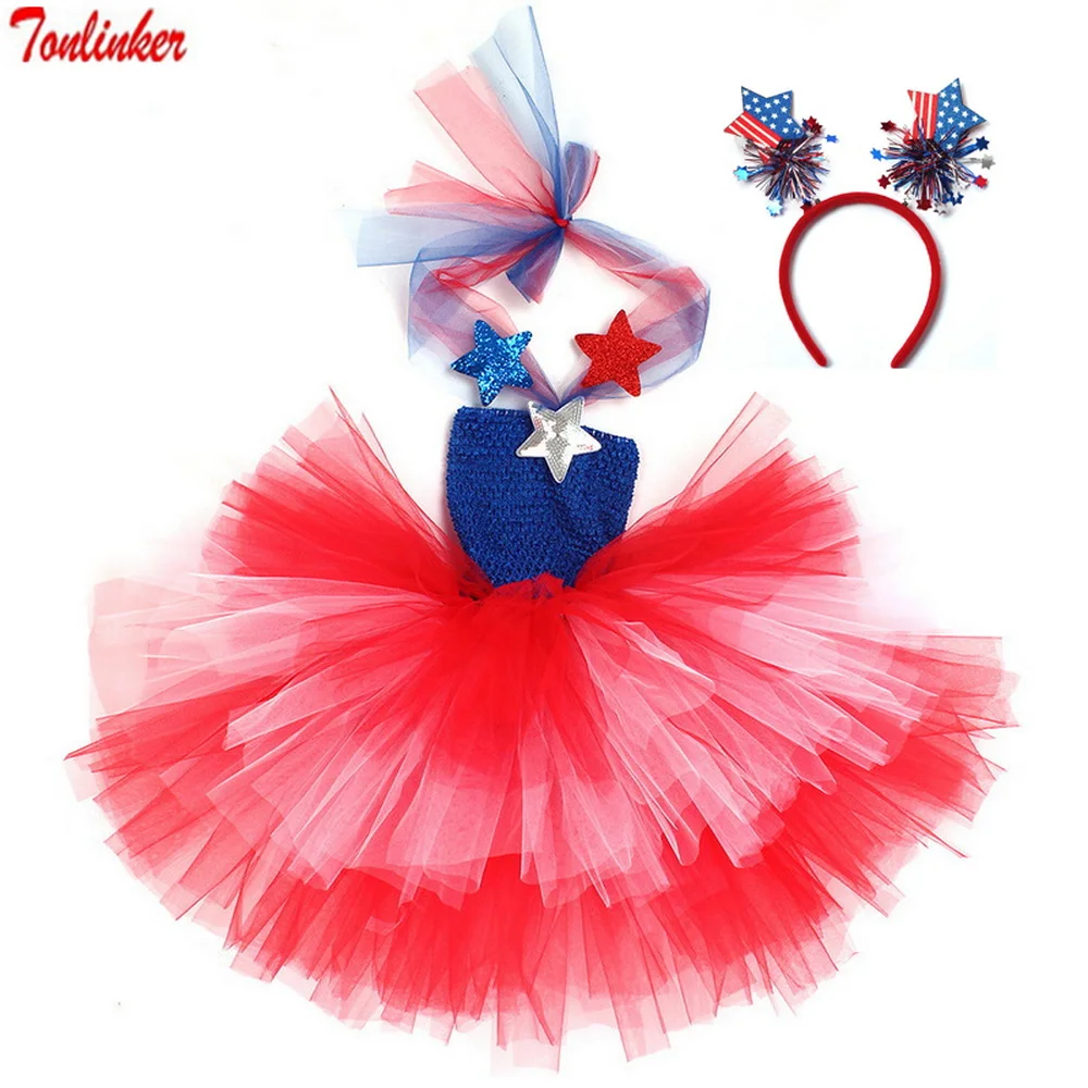 

Girls Tutu Dress for Independence Day Kids Fancy Party Holiday Blue Red Mesh Cake Princess Dresses American Flag Clothing 2022