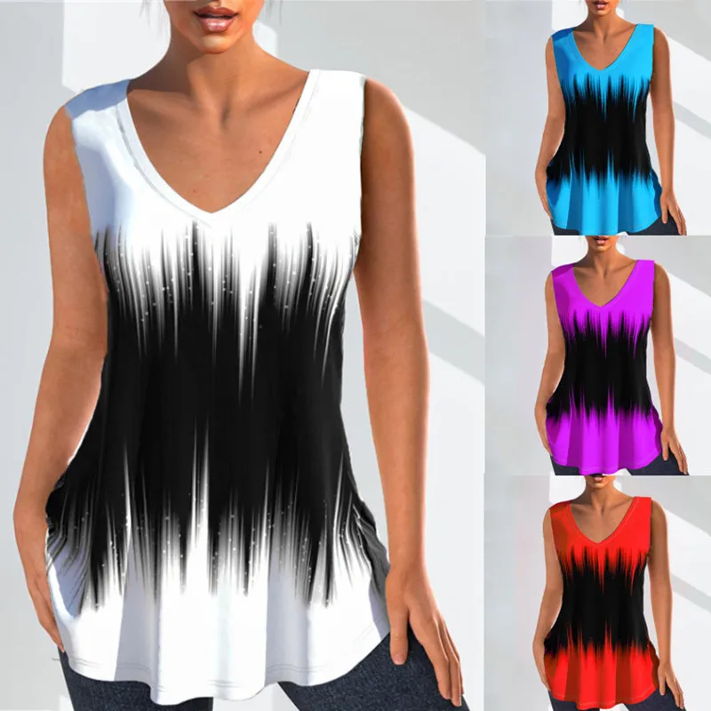 

Casual V Neck Sleeveless T-shirt Women Summer Sexy Fashion Simple 3D Printing Vest Loose Comfortable Street Style Pullover Tank