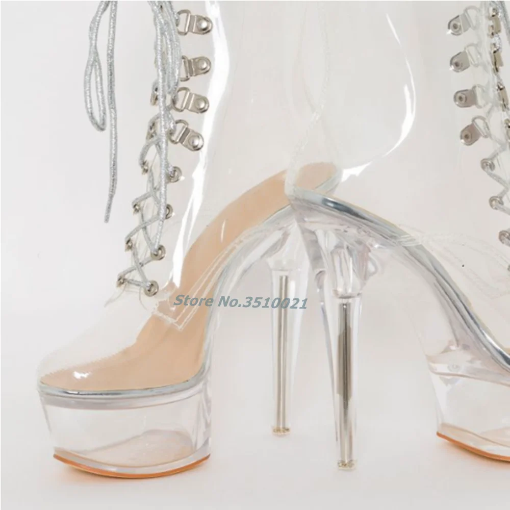 Clear Silver Platform Lace Up Boots Clear Stiletto High Heels Sexy PVC Material Women Dress Shoes 15cm Fashion European Style