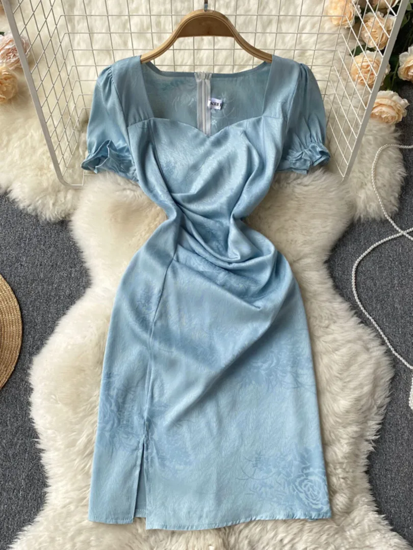

Summer Dress Women 2022 Fashion Blue Floral Jacquard Mini Party Dress Retro Square Collar Short Sleeve A-line Sexy Club Dress