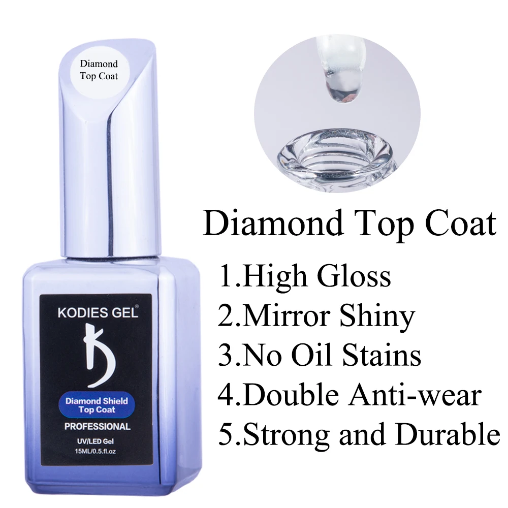 Гель KODIES алмазное верхнее покрытие без протирания 15 мл щит Полупостоянный