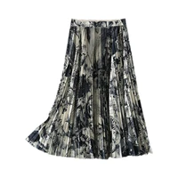 womens long skirt retro printed high waist a line pleated skirt spring and summer new products