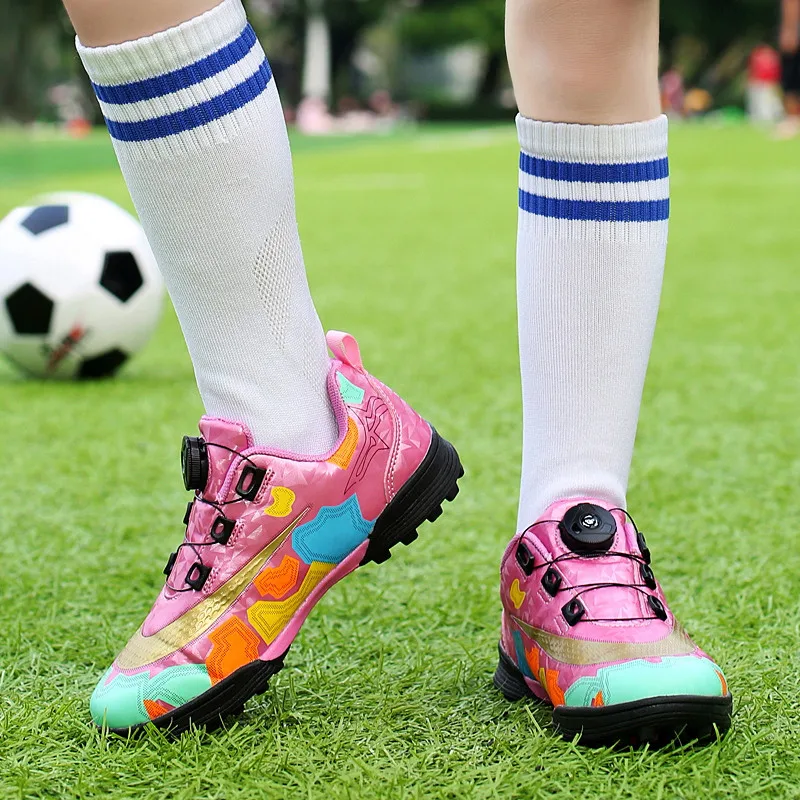 Fashion Pink High Quality Football Shoes Sneakers for Kids Boys Button Non-slip Children Soccer Boots Turf Cleats Trainers Men