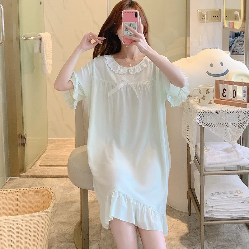 Big Size Women's Clothing Pure Color Nightgowns Summer Pajamas Loose Thin Sleepwear Attractive Women's Nightwear Short Sleeve