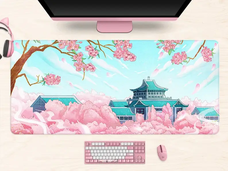 

Japanese desk mat pink, Kawaii Cherry Blossom Mousepad, Aesthetics mouse pad, Kyoto pastel pink Sakura tree, Gaming mousepad (6