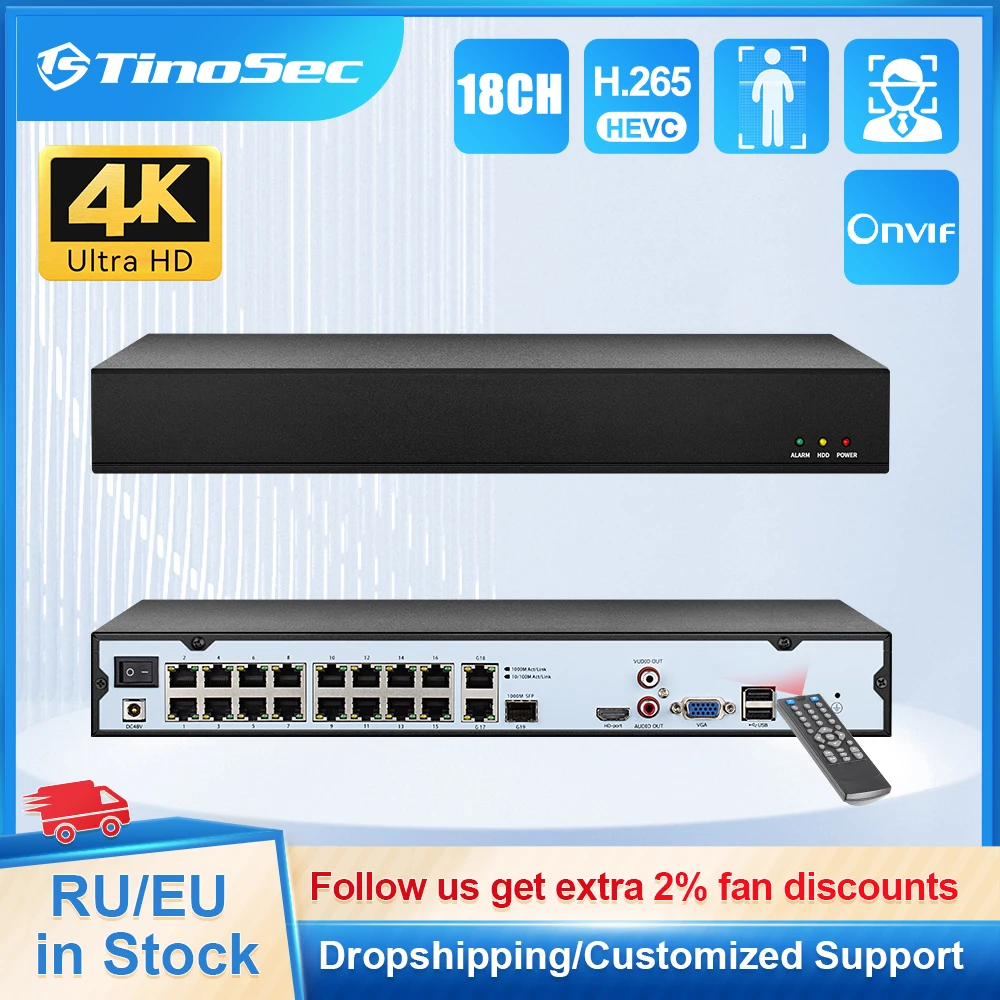 

TinoSec H.265 16CH Ultra HD 4K 8MP POE NVR Video Recorder For Security Surveillance System Support Onvif Protocol Human Detected