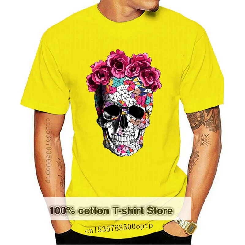 

Новая мужская белая футболка с красочным ацтекским черепом и яркими двухцветными розами