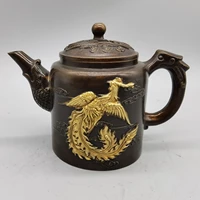 china old purple copper carved gilded dragon and phoenix pot tea pot art pot craft for home decoration collection