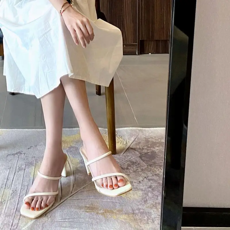 

Summer Transparent One Word Fine Strap Thick High Heels Open Toe Square Outside Wear Half Drag Sexy Women Sandals