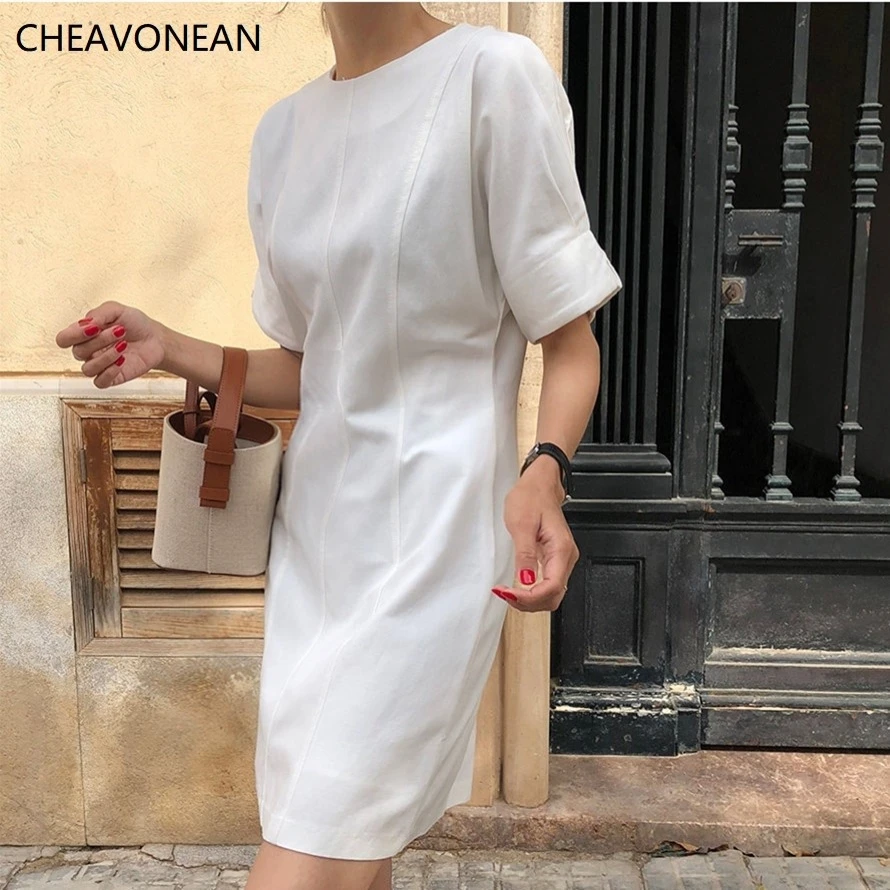 

CHEAVONEAN, белое льняное мини-платье с круглым вырезом и коротким рукавом, тонкие летние повседневные платья в Корейском стиле, 2022, бесплатная д...