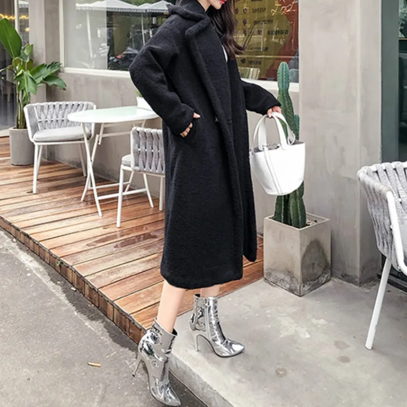 2021 Women Winter Coat Warm Mid-length Jacket Longsleeve Wool Coat Ladies Fashon Faux Fur Lapel Wool Trendy Long High Street Fur