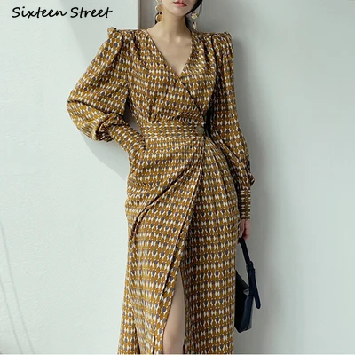 

Vintage Golden Button Dress Women Spring 2022 V-neck Long Sleeve Party Vestido Dresses Woman High Waist Printed Runway Clothing