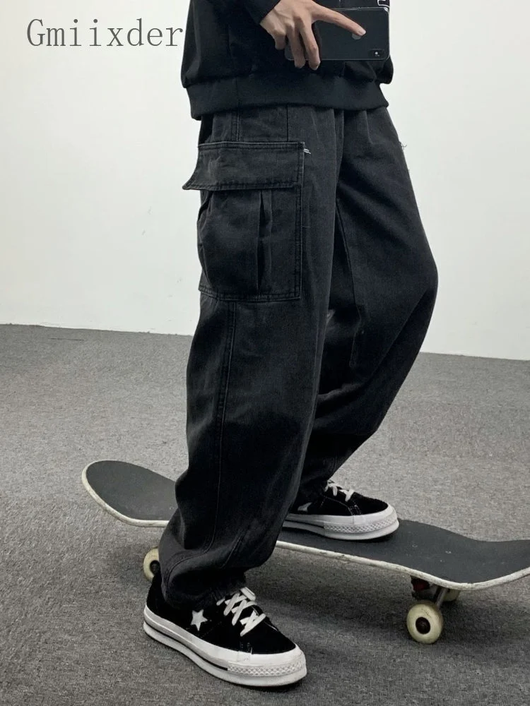 

Джинсы Gmiixder мужские прямые в стиле Kpop, винтажные черные джинсовые брюки в Корейском стиле, популярные свободные брюки-карго с эффектом потертости, Осень-зима