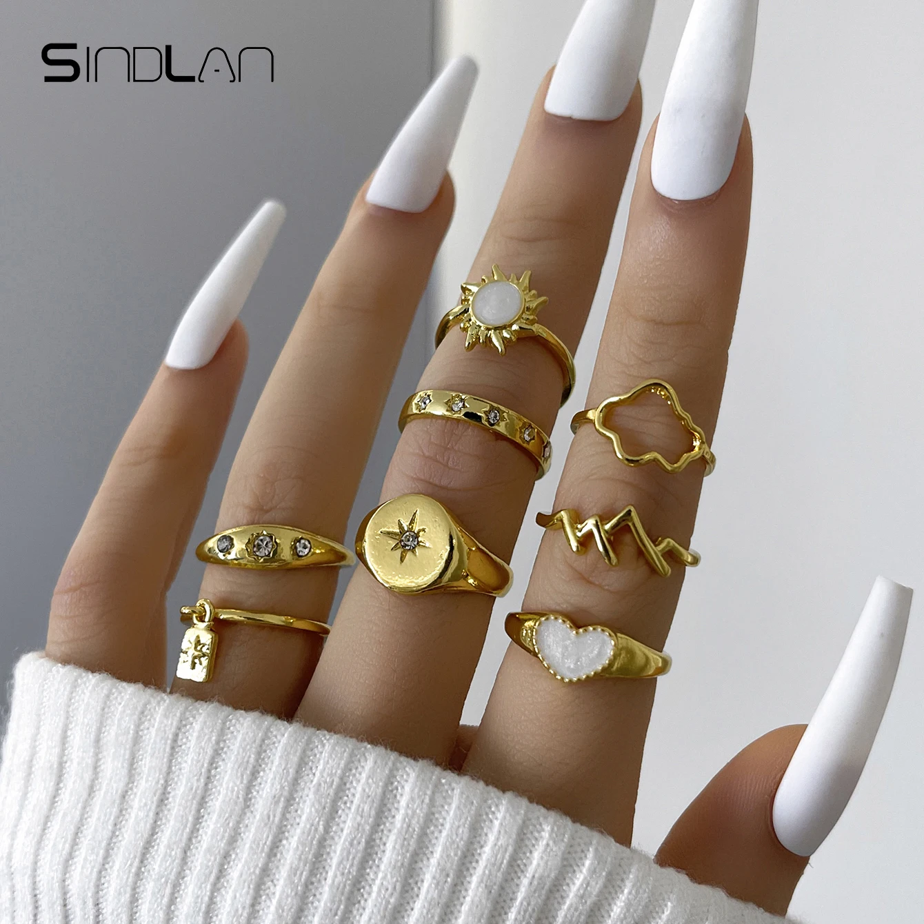 

Sindlan 8Pcs Vintage Crystal Gold Color Rings for Women Kpop Heart Aesthetic Star Boho Y2k Female Fashion Jewelry Anillos Mujer