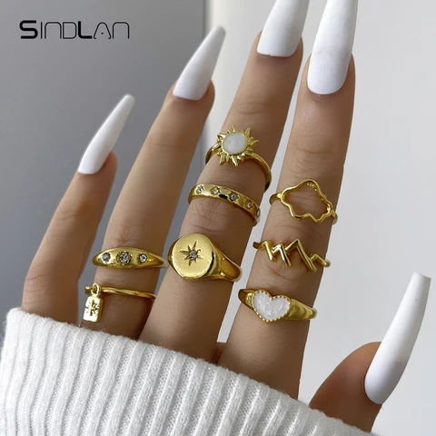 Sindlan 8 шт. винтажные кольца золотого цвета с кристаллами для женщин Kpop Сердце эстетика звезда Бохо Y2k женские модные ювелирные изделия женские кольца