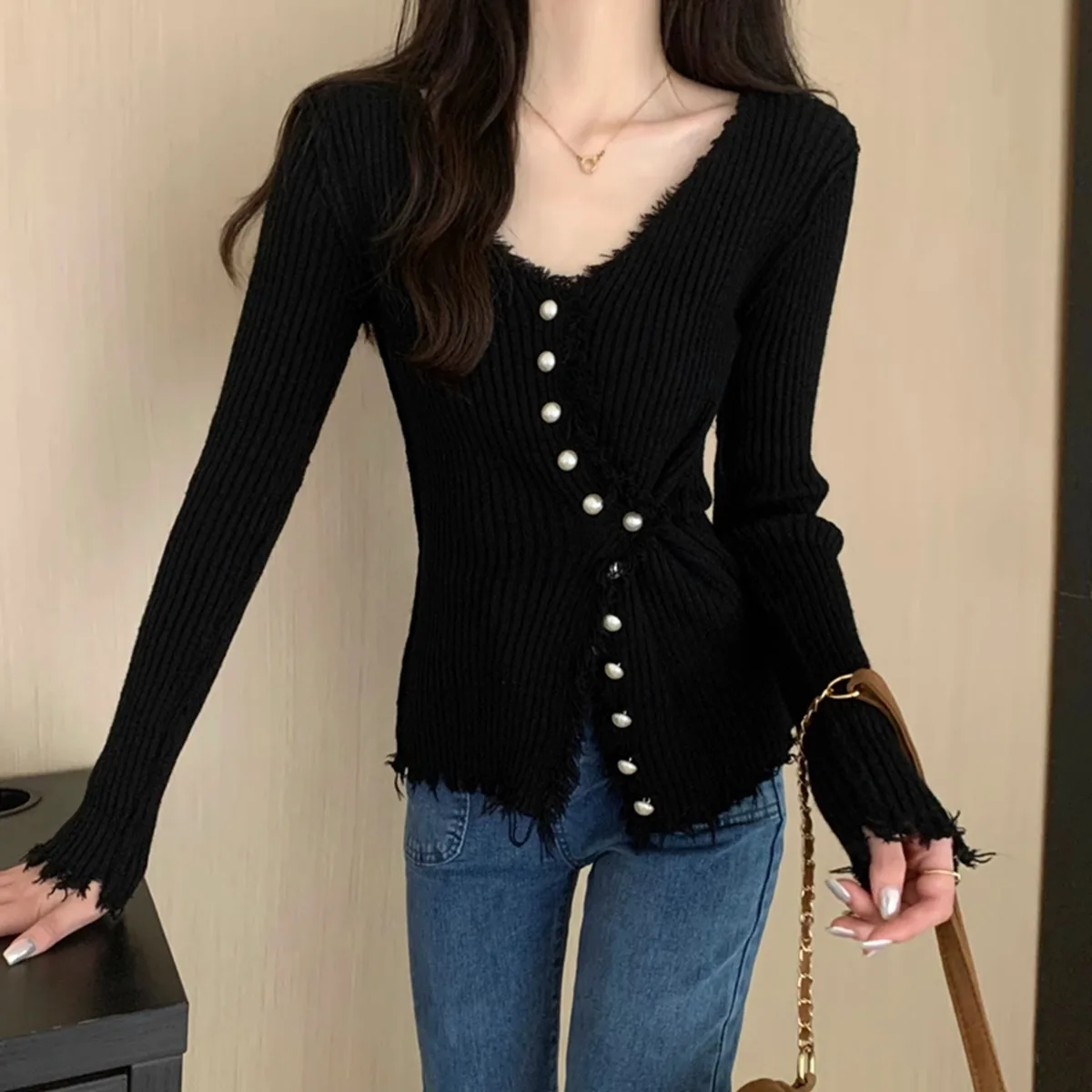

Korean Button Up Women's Knitted Sweater Y2K Long Sleeve Slim Fit Pullovers for Women Autumn Winter All Match Bottoming Tops