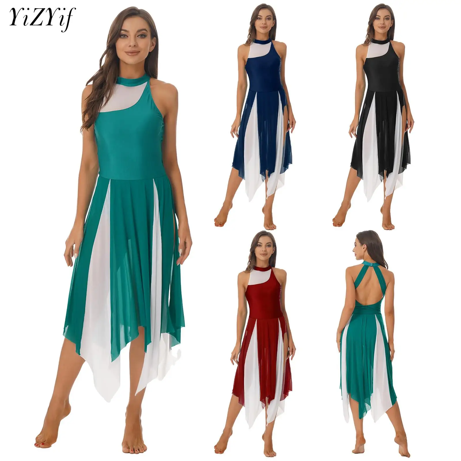 

Womens Color Block Lyrical Ballet Dance Dress Sleeveless Side Split Sheer Mesh Skirted Leotard Flowy Dresses Dancewear Costumes