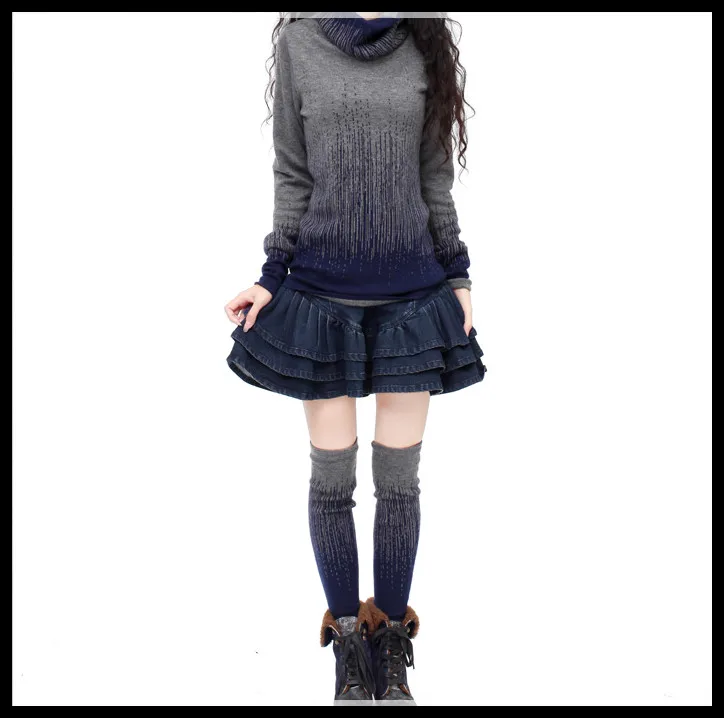 Женский винтажный кашемировый свитер с градиентом черно-синий толстый высоким