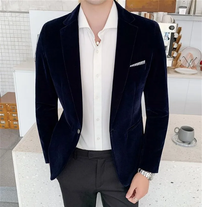 

Fall Winter Gold Velvet Blazer High Quality Slim Fit Suit Jacket Fashion Casual Men Groom Singer Costume Formal Evening Dress