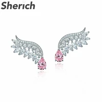 sherich pink blue angel wings 3ct pear shaped high carbon diamond s925 sterling silver feather stud earrings women brand jewelry