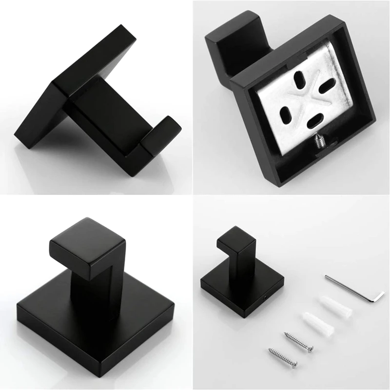 

4 Pack Matte Black Towel Hook Stainless Steel Bathroom Rust Proof Clothes Towel Coat Hook Wall Mounted Square Hanger