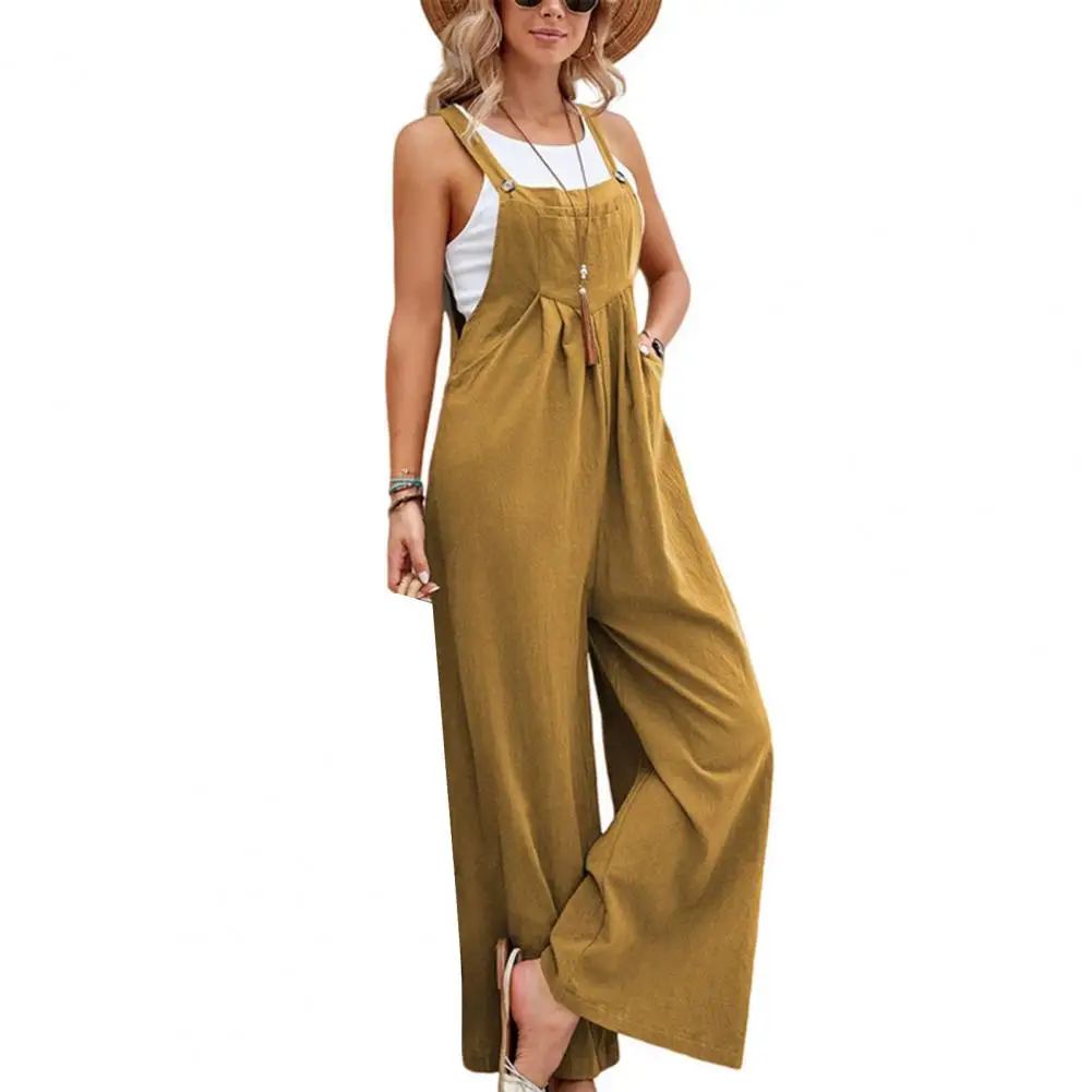 

Женские комбинезоны на подтяжках, свободные однотонные Длинные Комбинезоны без рукавов с карманами, уличные комбинезоны с широкими штанинами