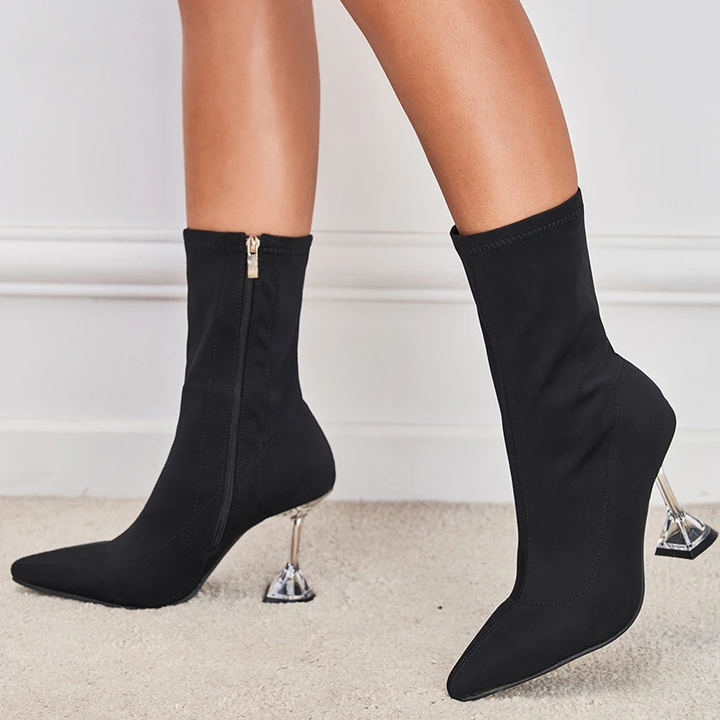 

BCEBYL Sexy Pointed Toe Transparent Strange High Heels Women Black Stretch Fabric Socks Boots Fashion Zip Autumn Winter Shoes