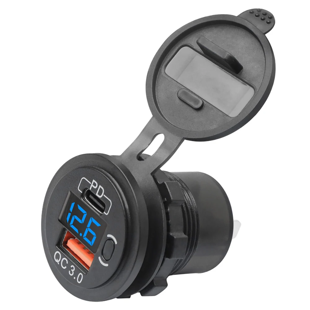 

12V-24V 48W USB Outlet Waterproof Charger Socket PD and QC3.0 USB Port with LED Voltage for Car Truck Golf Cart Blue