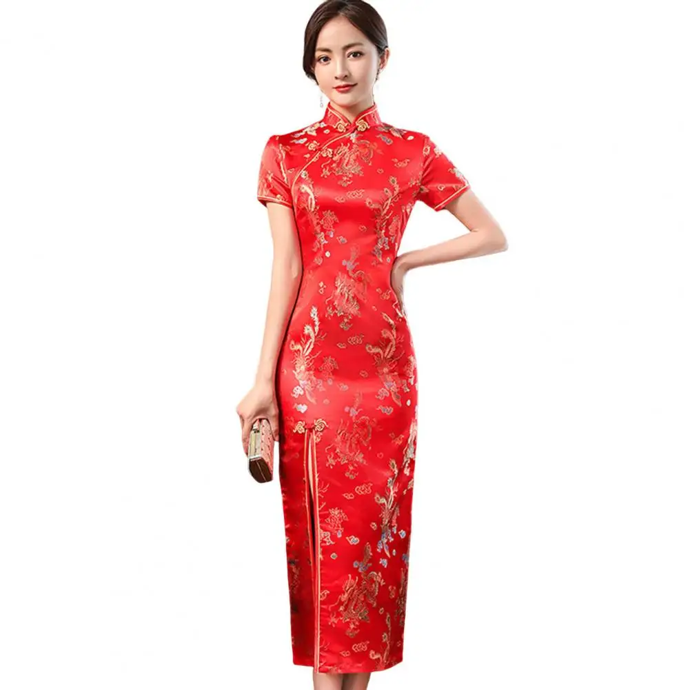 

Mandarin Collar Disc Buckles Cheongsam Chinese Style Embroidery Dragon Phoenix Print Split Traditional Wedding Qipao Female