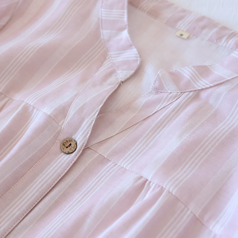 Homewear Women Cotton Vertical Striped Color Spinning V-neck Four Seasons Thin Can Be Rolled Up Long-sleeved Korean Pajamas Set