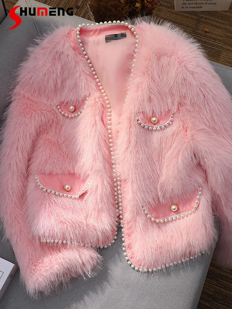 Winter Clothes Women Young Pearls Fur Fluffy Jacket 2022 New Classic Style Women's Fashion Heavy Pink Beads Furry Short Coat