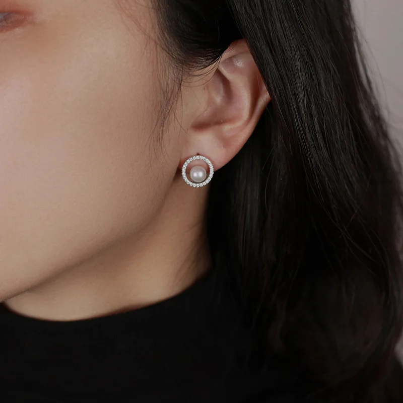 

DEAR-LIFE Light luxury silver pin pearl circle earrings zirconia earrings small fragrant fashion accessories New Year's gift
