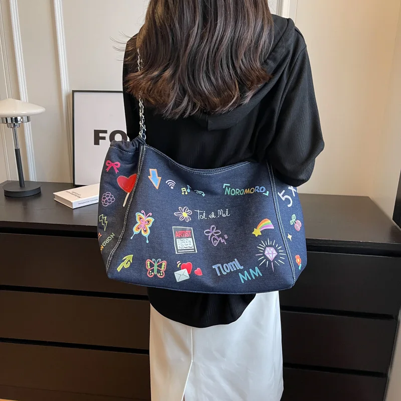 Casual Commuting Printed Graffiti Tote Bag Large Capacity Denim Shoulder Bags Fashion Chain Crossbody Satchel Shopping Storage
