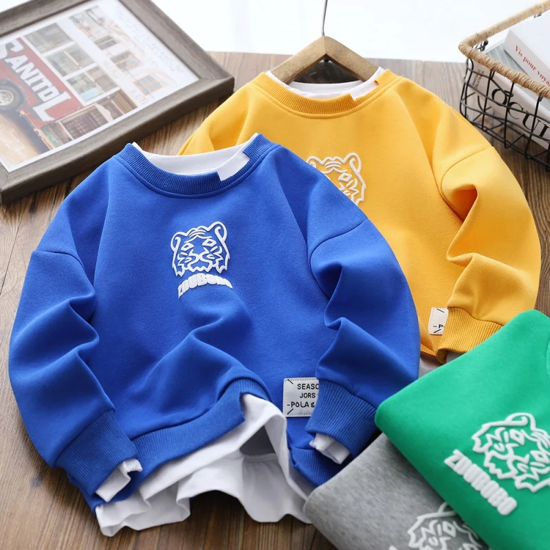 

Boy's Hoody Autumn 2023 New Children's Spring and Autumn Fake Two-Piece Loose Long Sleeve All-Matching Sports Top