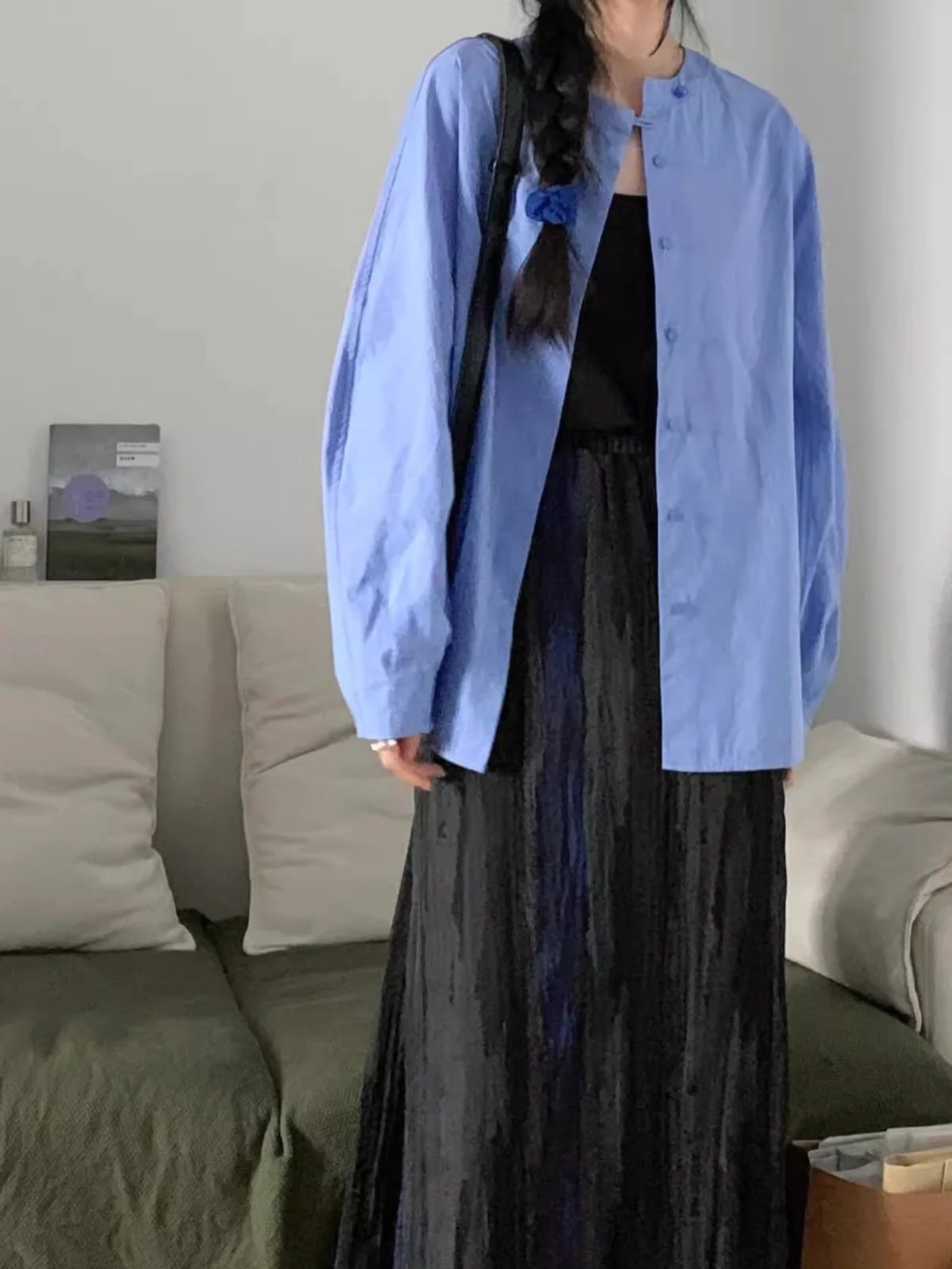 Новинка 2024 синие рубашки в стиле ретро со скрытой пряжкой и воротником-стойкой