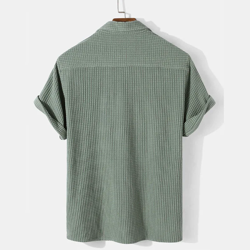 Mens Plaid Short Sleeve Shirts Casual Tops Loose Solid Color Lapel Comfort Shirts