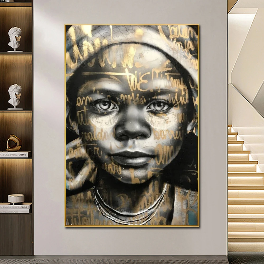 

African Black Child Portrait Poster Cuadros Golden Figure Canvas Painting Prints Wall Art Picture for Bedroom Home Decoration