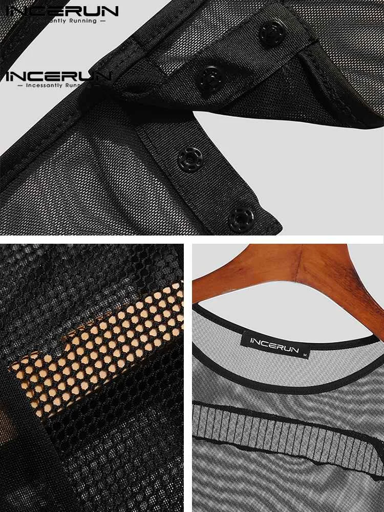 Comfortable Homewear Men's Onesies INCERUN 2022 See-through Mesh Fashion Sexy Male Stitching Sense Long-sleeved Jumpsuits S-5XL