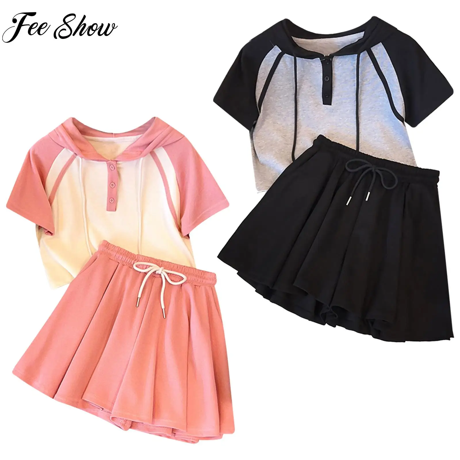 

Kids Girls 2Piece Sport Suit Tennis Yiga Sport Outfits Fashion Tracksuit Color Block Short Sleeve Drawstring Hoodie Loose Shorts