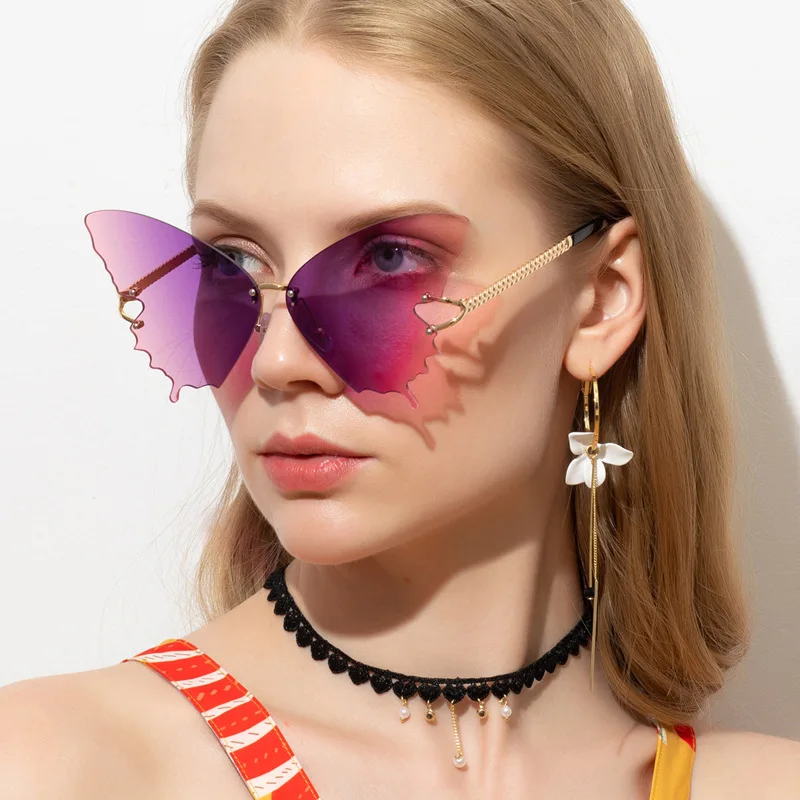 

Модные женские солнцезащитные очки без оправы с крыльями бабочки 2022 фирменный дизайн розовые градиентные линзы безрамные Солнцезащитные очки женские Оттенки UV400