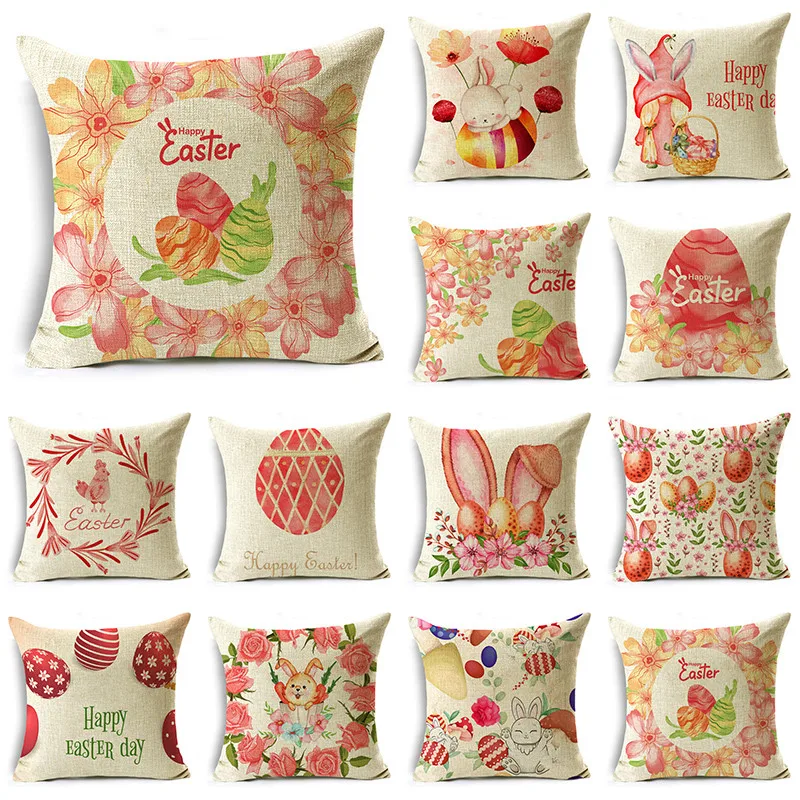 Big Red Flower Easter Egg Old Man Retro Decorative Linen Throw Pillowcase Sofa Office Bedroom 40*40cm/45*45cm/50*50cm