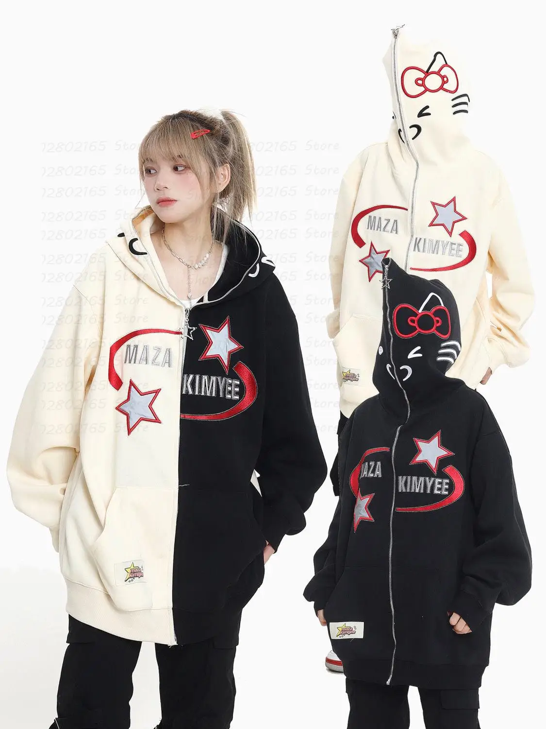 

Harajuku anime Cats Women's zip-up hoodies Fashion black white clothing Kawaii Baby lovely Couple's y2k Hooded Female Sweatshirt