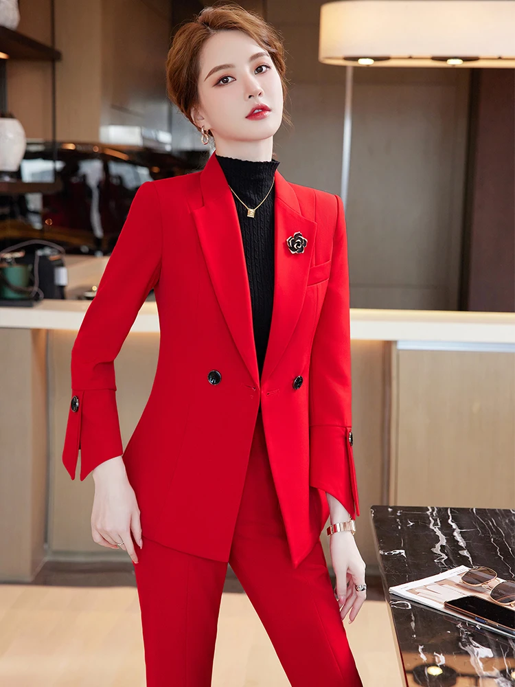 Women 2 Piece Set Office Ladies Elegant Casual Business Jackets +Split Wide Leg Pants Female Clothes Formal Blazer Pantsuits