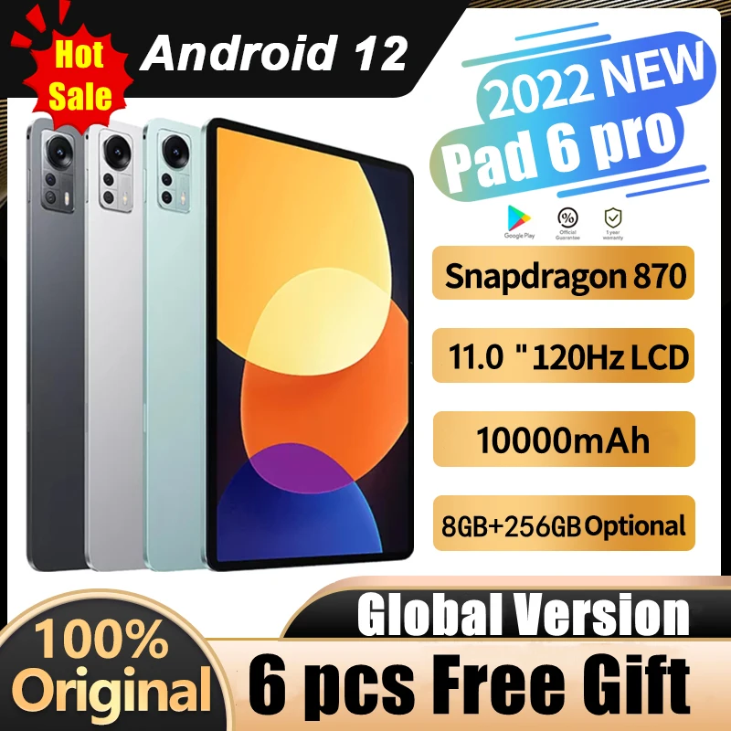 

New Pad 6 Pro 11inch 8GB+256GB Tablet Snapdragon 870 CPU 120Hz Screen 10000mAh 2560*1600 Android 12 Dual SIM Original Tablets PC